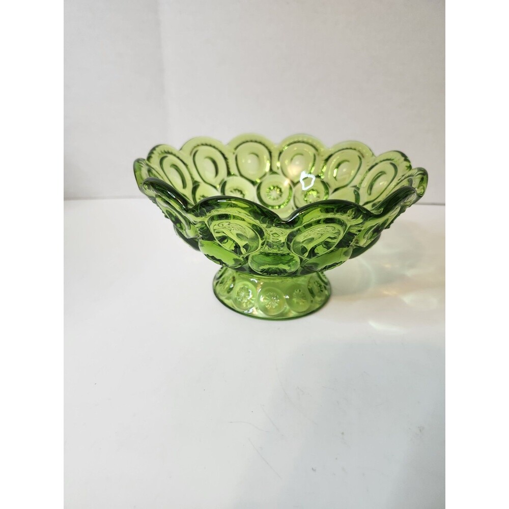 Vintage LE Smith Glass Moon & Stars Green Flared Scalloped Rim Footed Bowl
